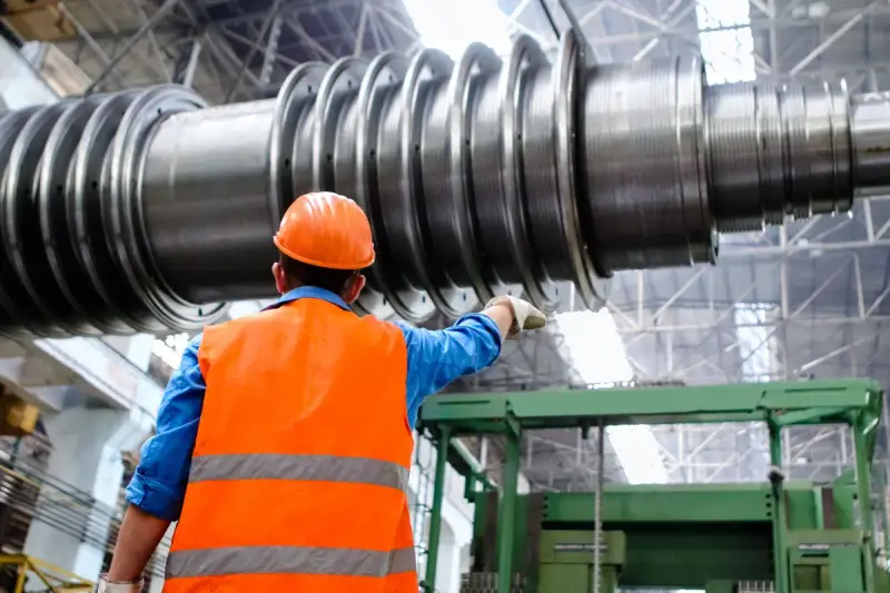 Engineer in a hard hat and safety vest inspecting a large turbine rotor in a plant hall