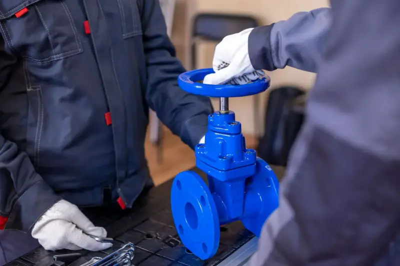 Two technicians in work gloves adjusting the handwheel of a blue gate valve