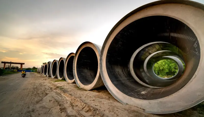 Huge concrete pipe sections lined up on a construction site at sunset