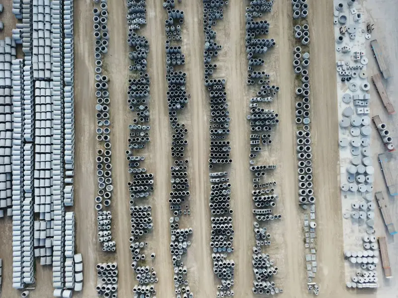 Rows of concrete pipes and fittings laid out in a manufacturing yard from above