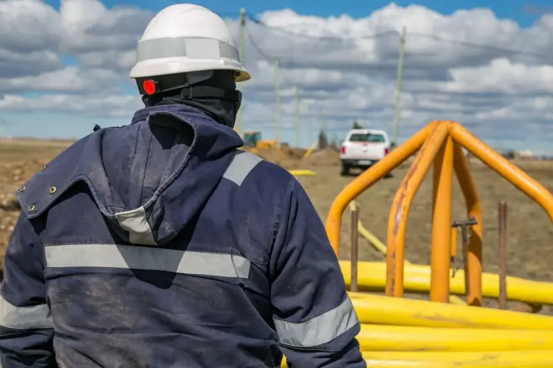 Worker in a white hard hat watching a site with yellow gas pipe laid out on the ground