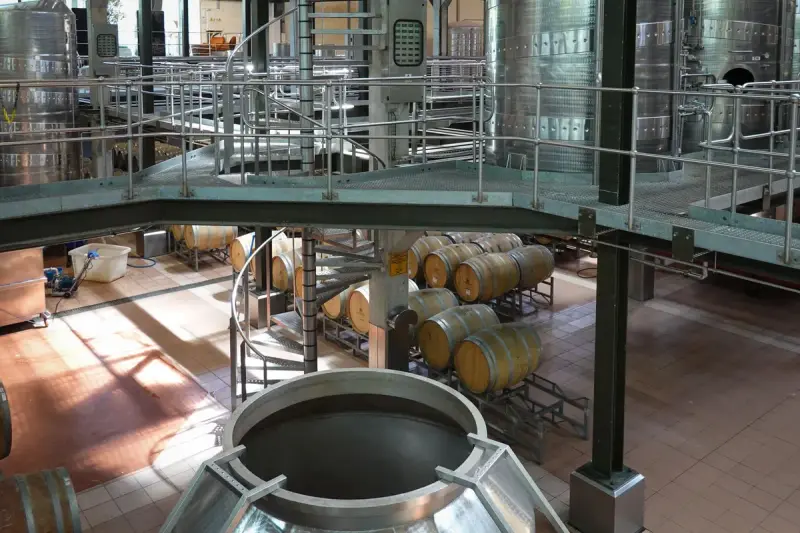 Steel fermentation tanks on a catwalk above rows of oak barrels in a modern winery