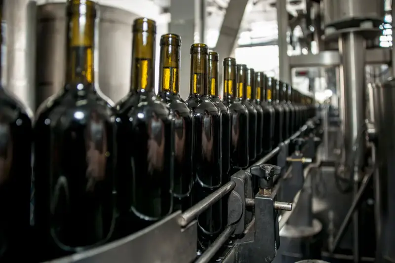 Dark wine bottles moving in a single row along a stainless bottling line