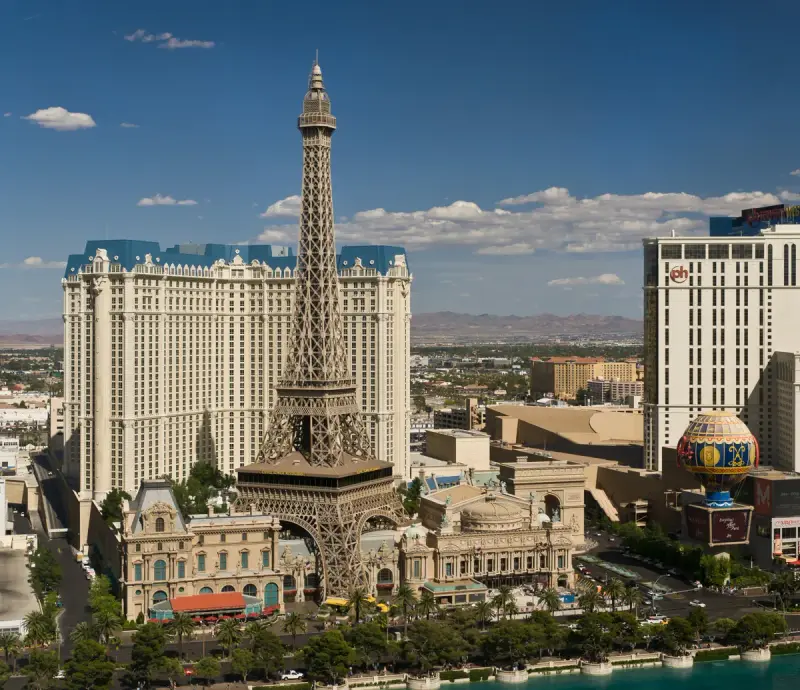 Paris Las Vegas hotel with its half-scale Eiffel Tower on the Las Vegas Strip, seen from across the street