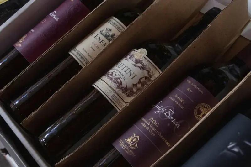 Bottles of Argentine wine, including Malbec, packed in a divided cardboard case