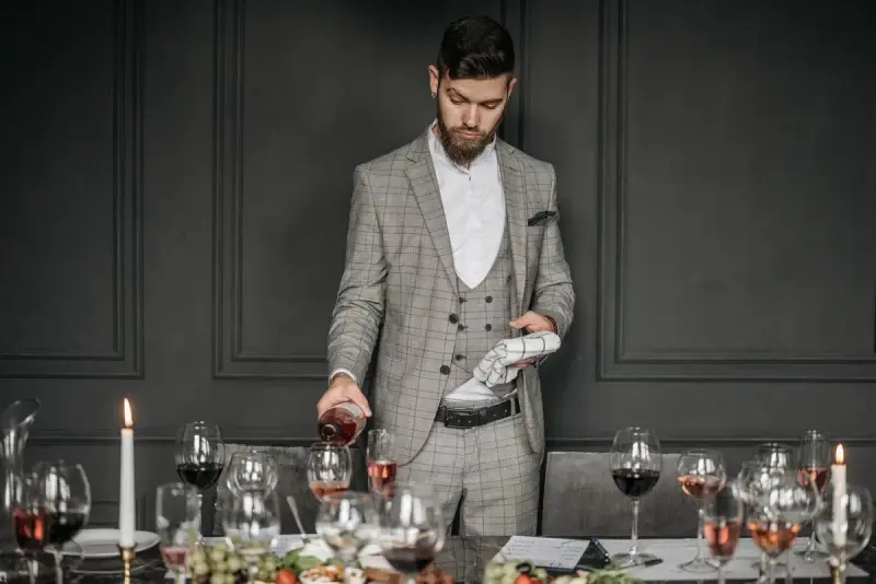 Sommelier in a gray suit pouring wine into glasses on a long tasting table