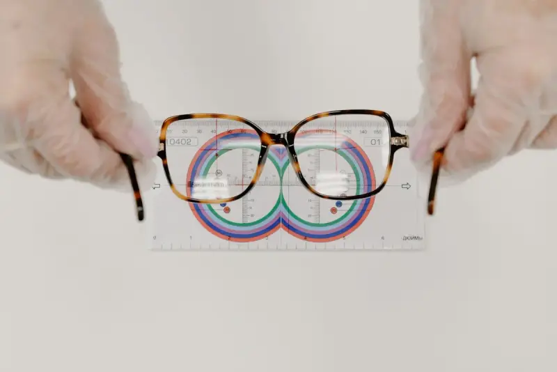 Eyeglasses held above an optical measuring ruler