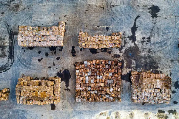 Aerial view of organized recyclable material stacks in Serang, Indonesia