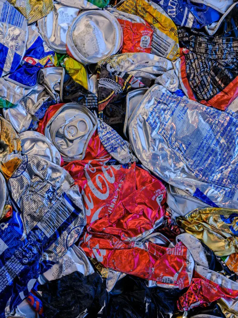 Colorful crushed aluminum cans collected for recycling