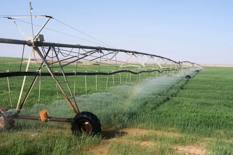 Center-pivot sprinkler watering a green field under a clear desert sky
