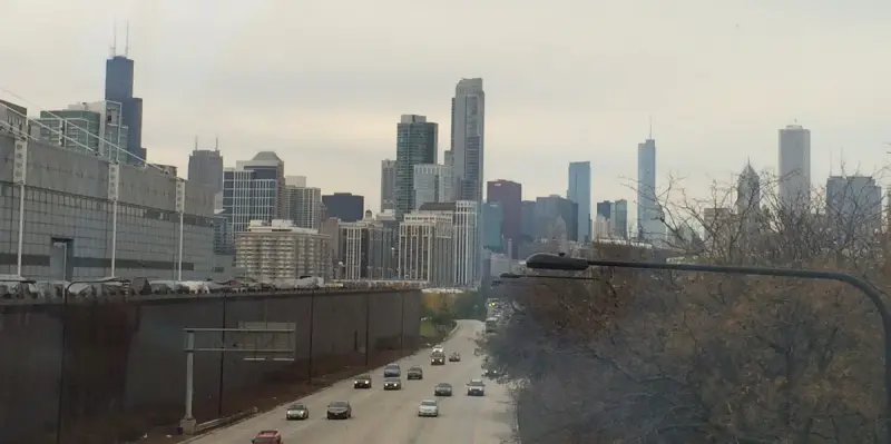 Downtown Chicago skyline seen from McCormick Place over Lake Shore Drive