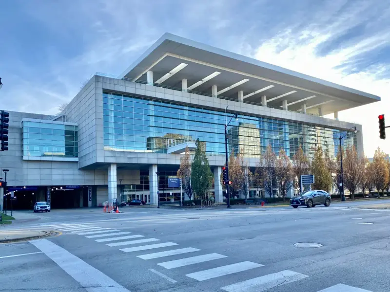 The glass and steel McCormick Place West Building on Cermak Road in Chicago with its wide flat roof canopy