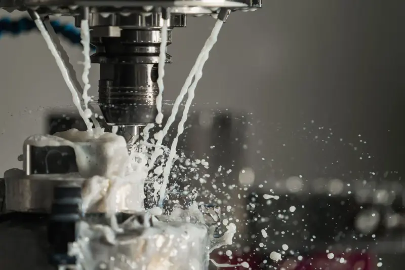 CNC milling spindle cutting a part while coolant sprays around the tool