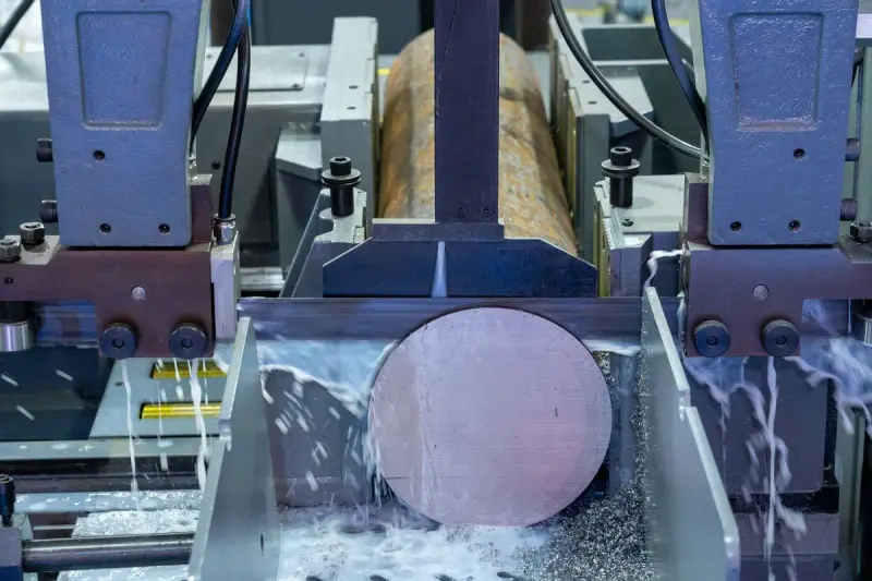 Band saw cutting through a round steel bar with coolant and chips flying