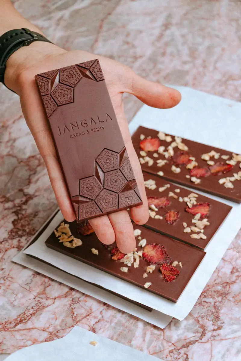 Hand holding an embossed craft chocolate bar above bars topped with dried strawberries and oats