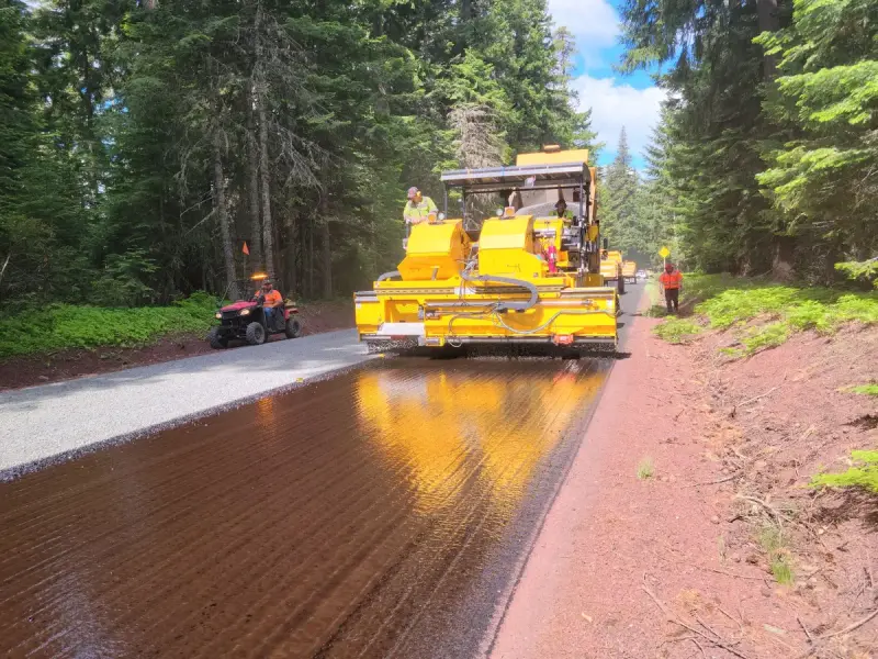 Asphalt paving machine and crew laying a new surface on a forest road