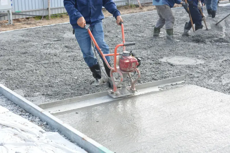 Construction crew leveling freshly poured concrete with power tools on site