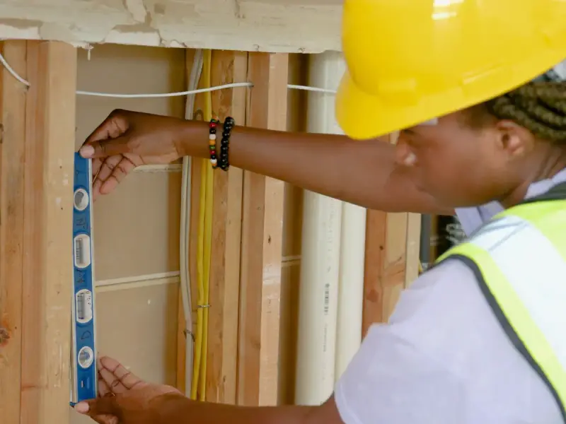 Worker in a yellow hard hat checks a wall stud with a spirit level