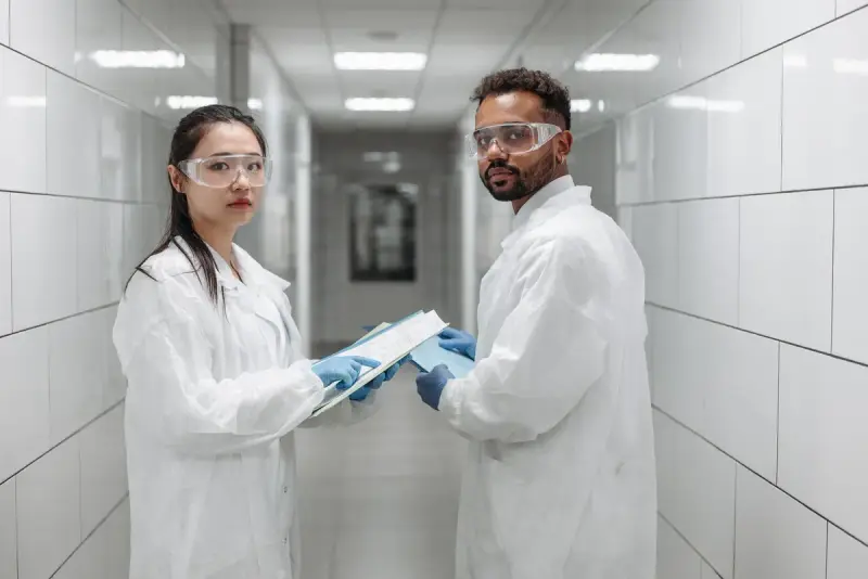 Two scientists in protective gear reviewing data together in a laboratory