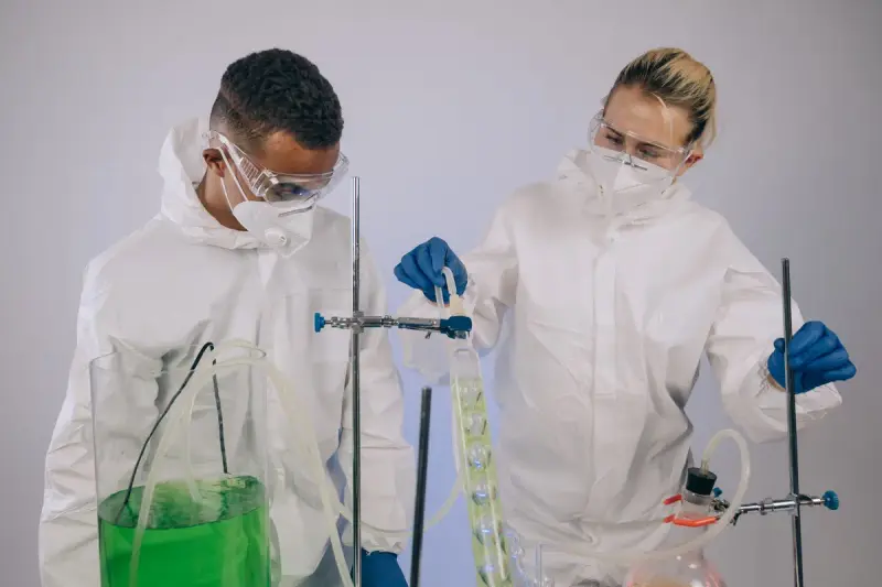 Two scientists in protective equipment running an experiment at the bench