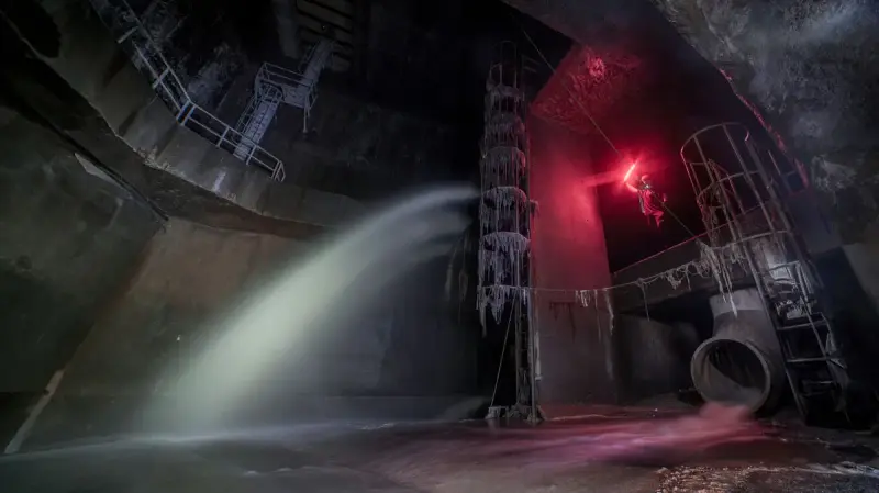 Water pouring from a pipe into a large underground chamber lit in red and white