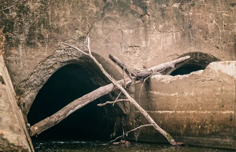 Arched concrete sewer outfall with fallen branches across the opening