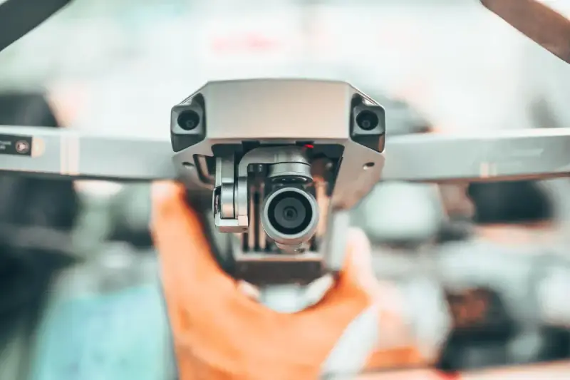 Hand holding a drone with its camera visible in close-up
