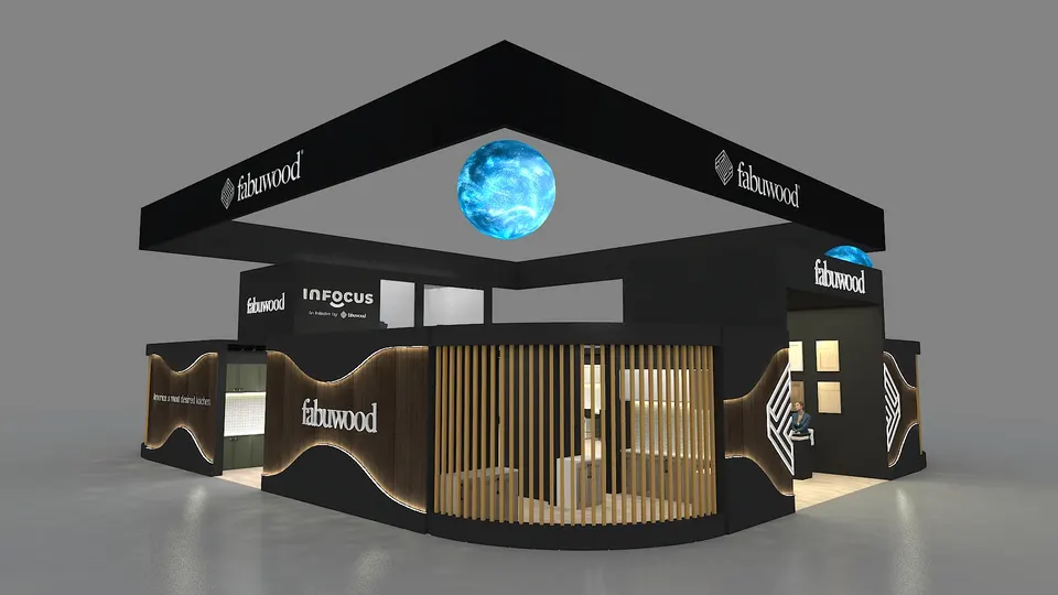 Purple Exhibits booth design concept: 3D render, elevated corner view, of the large black Fabuwood island with overhead header ring, blue globe accent lights, timber-slat rounded corner, wave-shaped backlit wood panels and enclosed interior kitchen rooms.