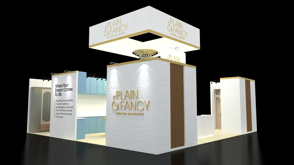 Purple Exhibits 3D booth concept for Plain & Fancy Custom Cabinetry