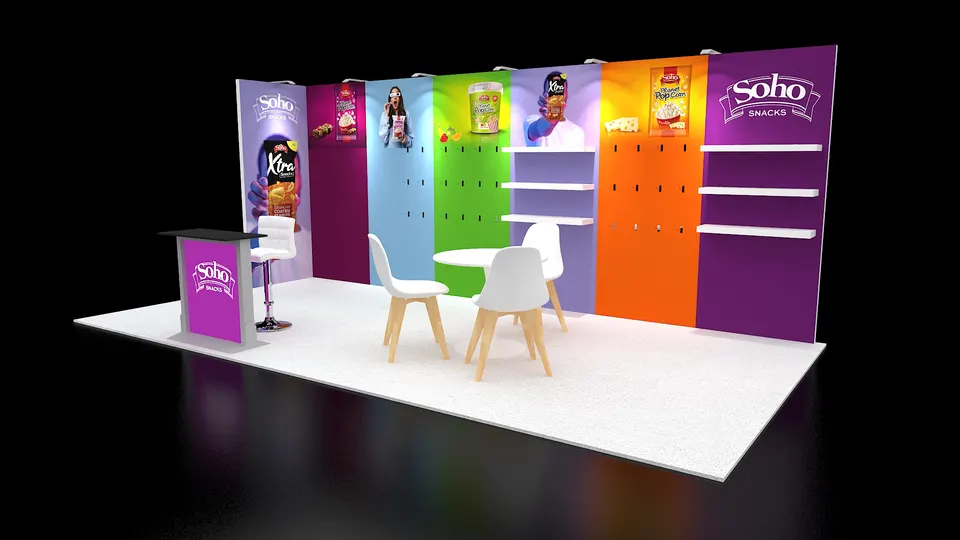 Purple Exhibits booth design concept: Render of a 10x20 inline booth with colourful purple, orange, green and blue panels, snack product graphics, white shelving, a branded counter, white chairs and a round table on white flooring.