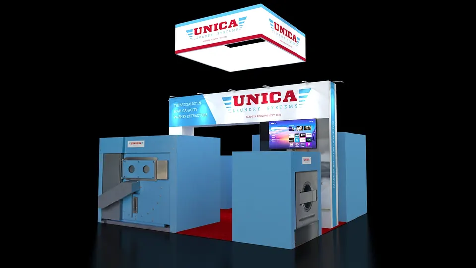 Purple Exhibits booth design concept: Render of a 20x20 island booth for Unica laundry systems with a square hanging sign, light blue industrial machines on display, a wall screen and red carpet.