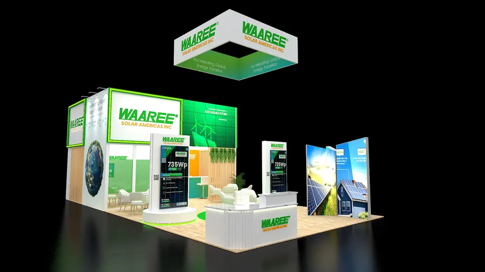 Purple Exhibits booth design concept: Render of a large green and white island booth for Waaree Solar Americas with a square hanging sign, solar panel displays, a globe graphic, wood slat walls, greenery, a lounge and a branded reception counter.