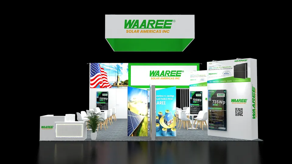 Purple Exhibits booth design concept: 3D render of a white and green Waaree Solar Americas island booth with a large hanging sign, American flag and solar-farm graphics, solar panel displays, reception counter, plants and cafe seating on grey carpet.