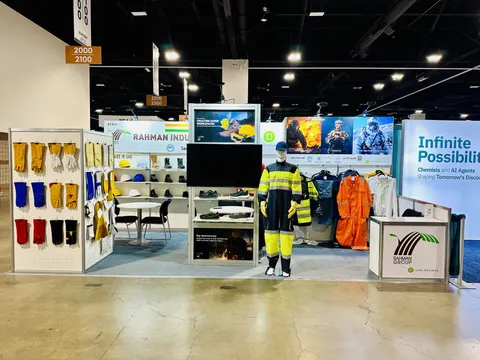 Rahman Group trade show booth built by Purple Exhibits: Inline safety-workwear booth for Rahman Group with slatwall glove displays, a mannequin in hi-vis coveralls, a TV screen and a green-branded counter on grey carpet.