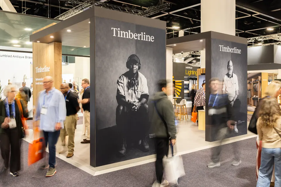 Timberline booth by Purple Exhibits: wide view of the Timberline island booth, like the booths we plan for SURFEX
