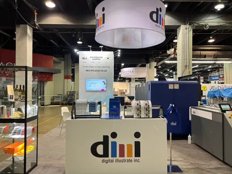 dmi digital illustrate inc. booth by Purple Exhibits: white dmi booth with a round hanging sign