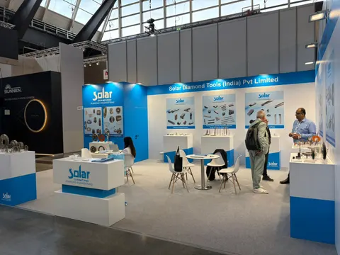 Solar Diamond Tools (India) Pvt Limited booth by Purple Exhibits: blue-and-white inline booth for Solar Diamond Tools