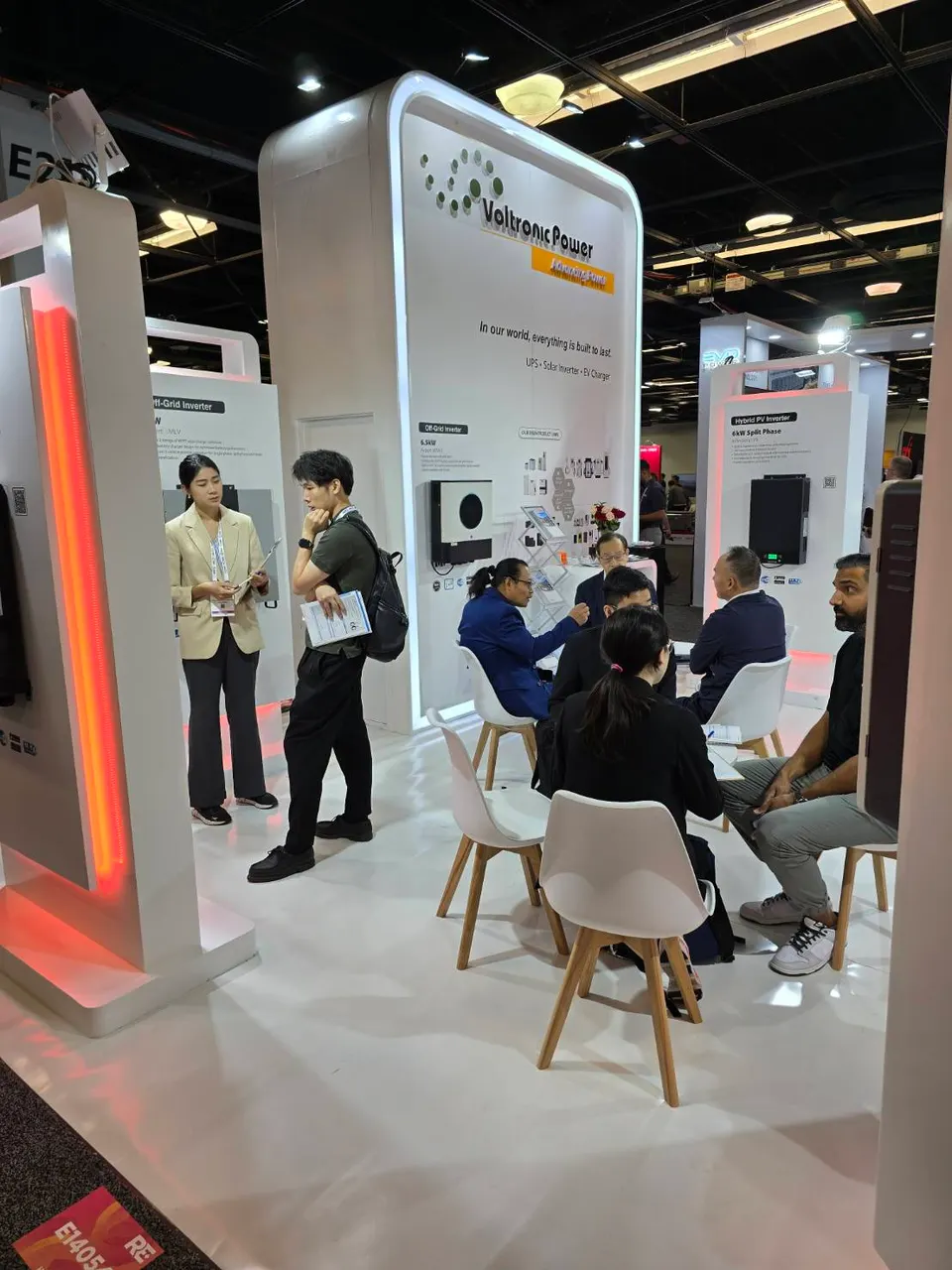 Voltronic Power booth by Purple Exhibits: white rounded-edge Voltronic Power booth for UPS, solar inverters, a reference for planning a CLEANPOWER booth