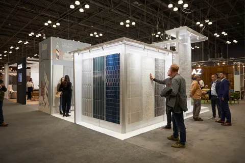 TileBar booth by Purple Exhibits: white-framed island booth with tall backlit lightbox panels displaying blue, grey