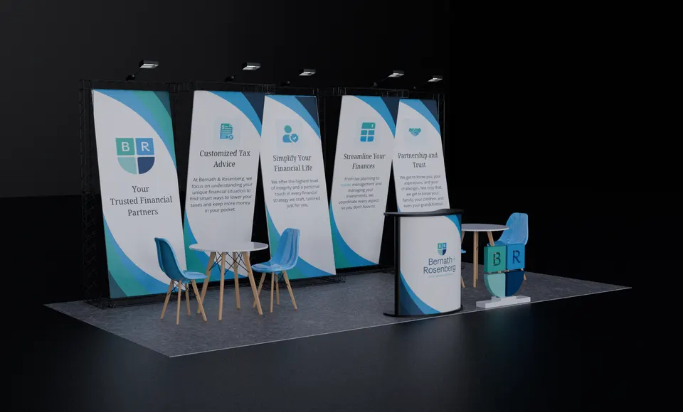 Purple Exhibits booth design concept: 3D render of a white and teal inline booth with five curved fabric panels reading Your Trusted Financial Partners, a small round meeting table with blue chairs, a branded reception counter and a grey floor.