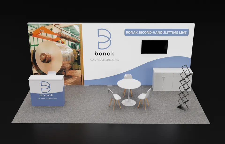 Purple Exhibits booth design concept: Render of a white and periwinkle-blue inline booth for Bonak coil processing lines showing a large steel coil slitting-line photo, a counter, round table with white chairs, cabinet, wall monitor and brochure rack.