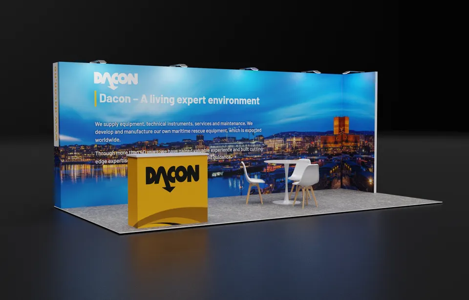 Purple Exhibits booth design concept: Render of a blue inline back wall for Dacon with a night city-harbour photo, copy about maritime rescue equipment, a yellow Dacon counter and a white high table with stools.