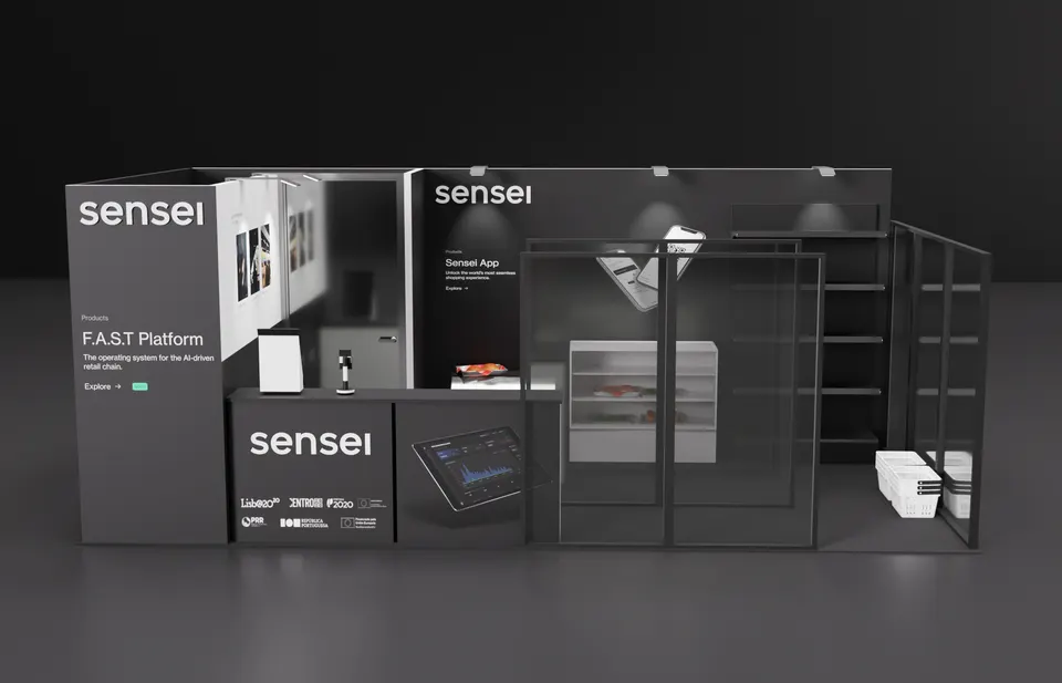 Purple Exhibits booth design concept: Render of a dark charcoal inline booth for Sensei F.A.S.T Platform retail-tech with a mock store glass enclosure, shelving, tablet demo counter and app graphics.