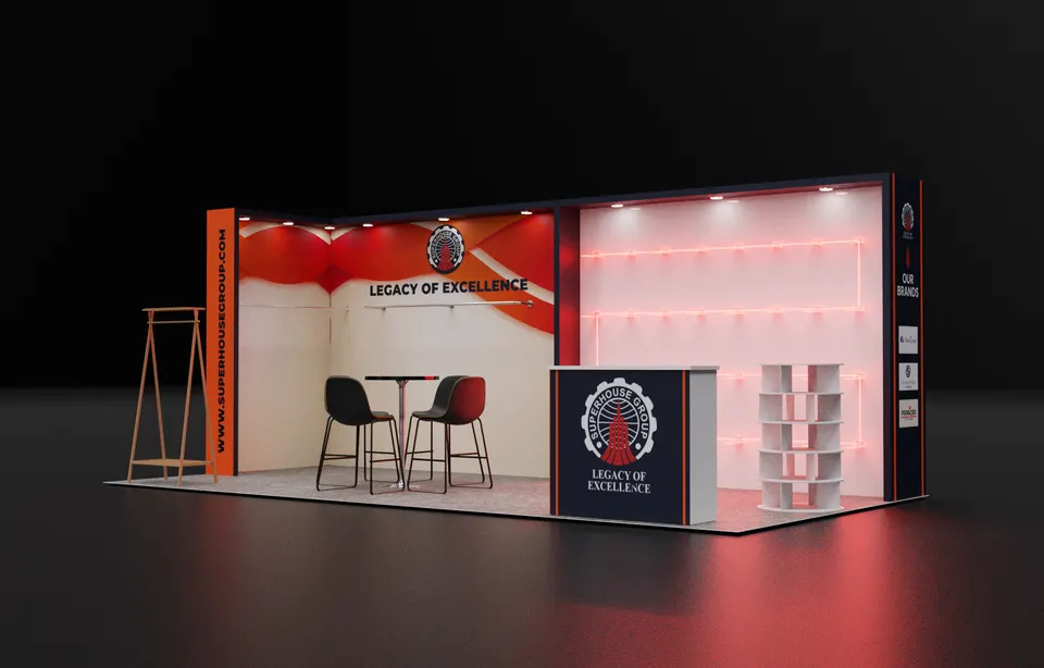 Purple Exhibits booth design concept: Render of a red, white and black inline booth branded Legacy of Excellence with backlit product shelving, a wooden garment rail, high table with chairs and a crest-logo counter.