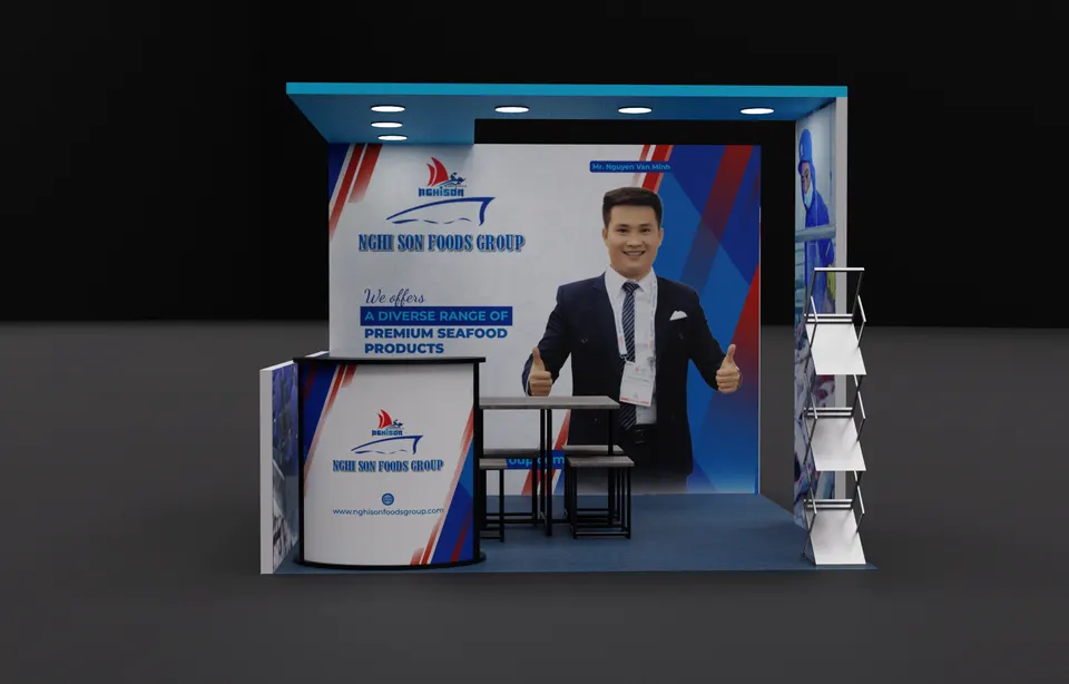 Purple Exhibits booth design concept: Render of a small blue and red inline booth for Nghi Son Foods Group premium seafood with a large portrait of a man in a suit, a curved counter, small table and a display shelf.