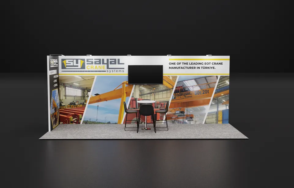 Purple Exhibits booth design concept: Front-on 3D render of the Sayal Crane Systems 10x20 inline back wall showing yellow and grey crane photography, a centred TV and a small bar table with two black chairs on grey carpet.