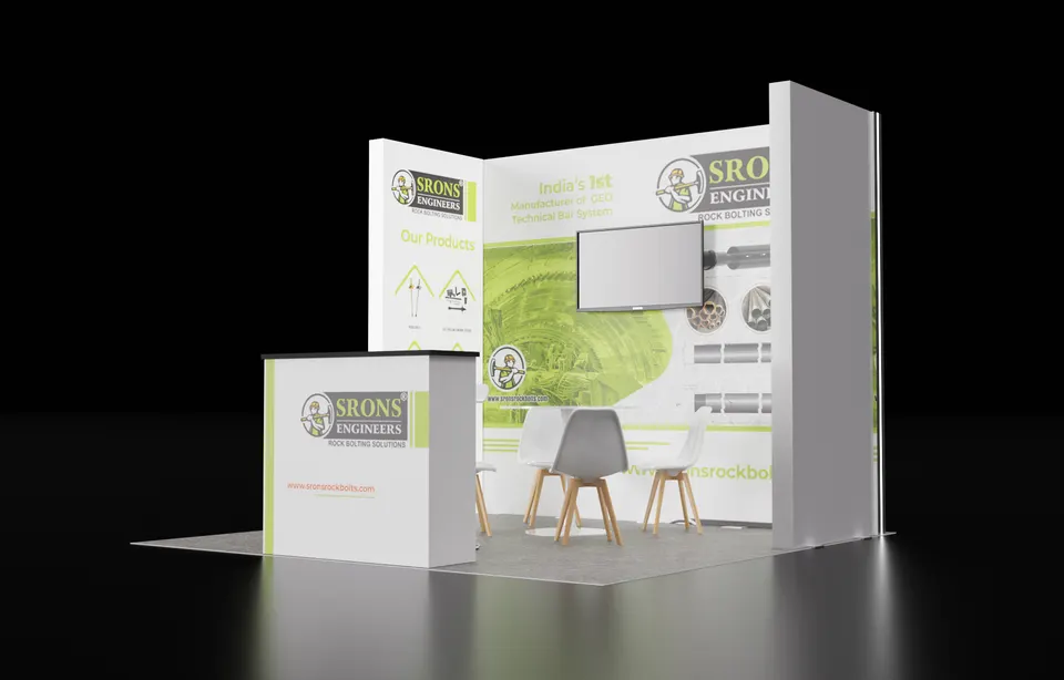 Purple Exhibits booth design concept: Render of a white and lime-green SRONS Engineers 10x10 inline booth with a wall-mounted TV screen, product graphics, white counter and white chairs on grey flooring.