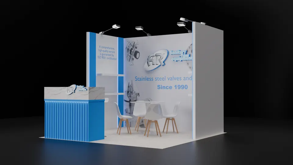 Purple Exhibits booth design concept: Render of a white and blue 10x10 inline booth for a stainless steel valve maker since 1990, with a blue ribbed counter, shelving and white chairs around a table.