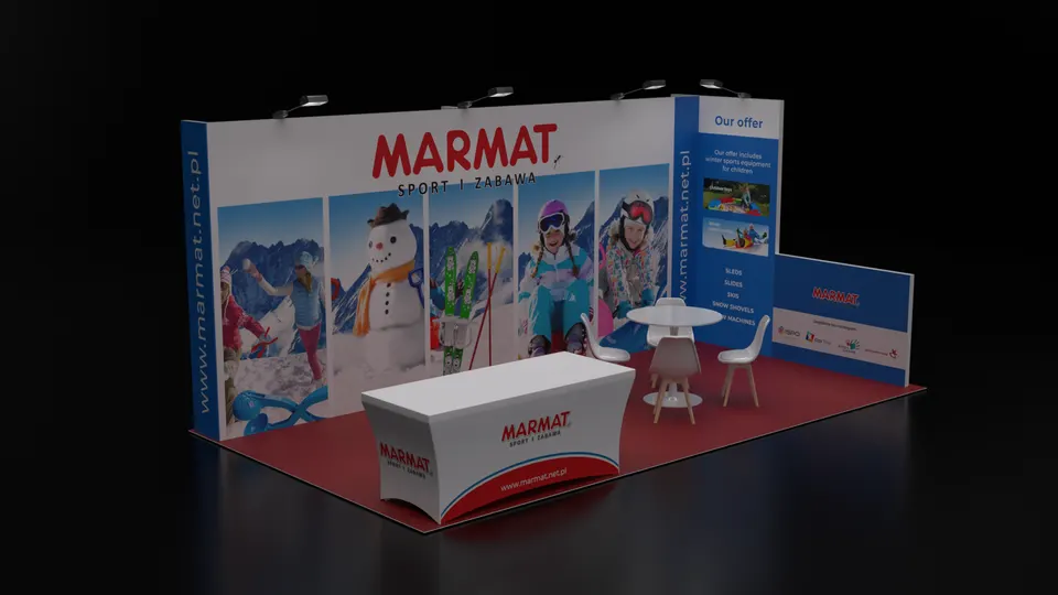 Purple Exhibits booth design concept: Render of a red and white Marmat 10x20 inline booth with winter sport and children's toy graphics, a curved branded counter, round table and chairs on red carpet.