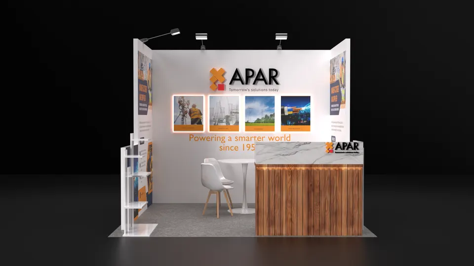 Purple Exhibits booth design concept: Render of a white and orange APAR 10x10 inline booth with a wood-slat marble-top counter, brochure shelving, photo panels and a bistro table with a white chair.